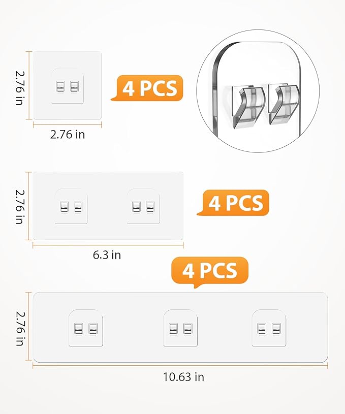 MaraFansie Transparent Adhesive Wall Hooks, Seamless Adhesive Hooks Sticker for Smooth Surface Bathroom/Office/Kitchen (12, 3 Types)