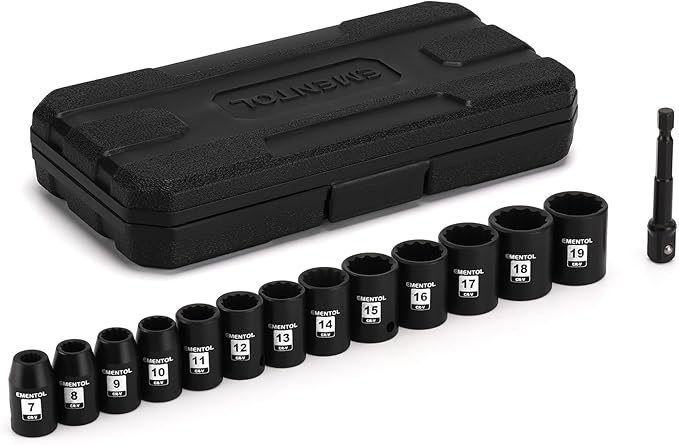EMENTOL 14PCS 3/8"Dr. Standard Impact Socket Set, Metric, 12-Point, CR-V, 14 Pieces 3/8-Inch Drive Shallow Socket Set, 7mm - 19mm