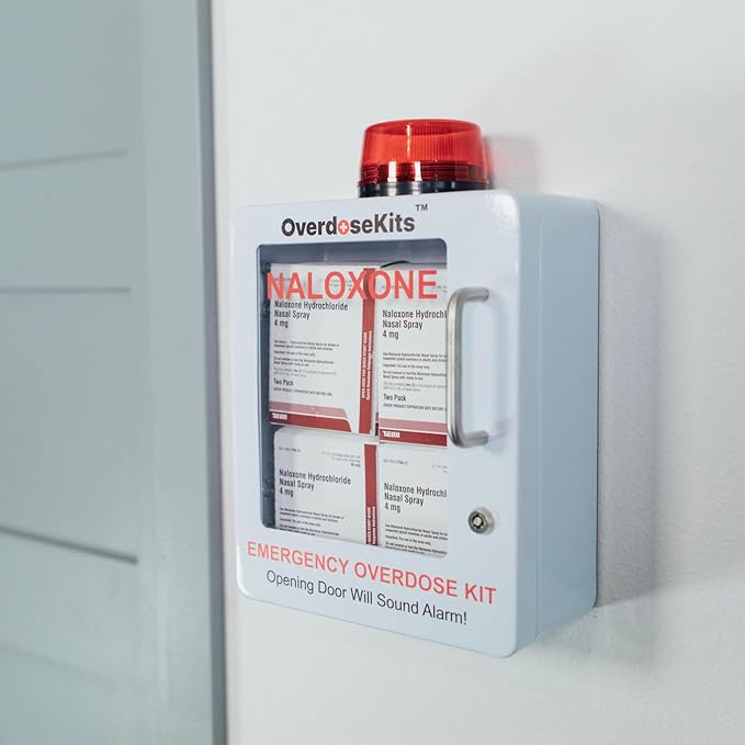 Naloxone Overdose Emergency Kit Cabinet - Includes Optional Alarm and Locking System - Designed for Wall Mount & Public Access (Metal, White)
