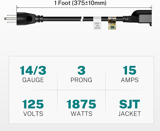 FIRMERST 15 Amp 1 Foot 3 Prong Extension Cord 14 Gauge 1875W UL Listed Black, 3 Pack