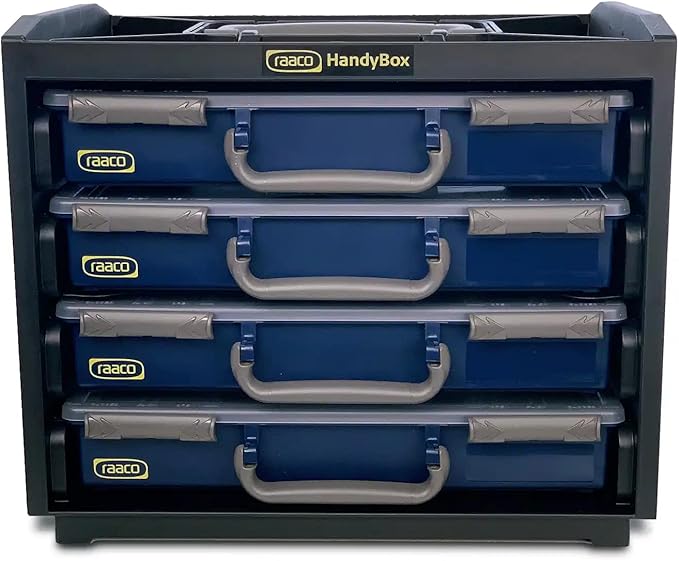 Raaco HandyBox Toolbox Storage & Carrying System – 4 Adjustable Grid Assorters, Durable Polypropylene (PP) Plastic Organizer for Hardware and Small Parts