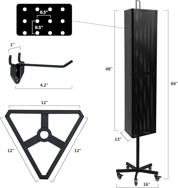 NectaCol Triangular Metal Pegboard Panels Display with Base and Pole, Black Pegboard Display Stand with Wheels, Jewelry Display Rack, Art Display Stand, Extra 20 pieces Hooks