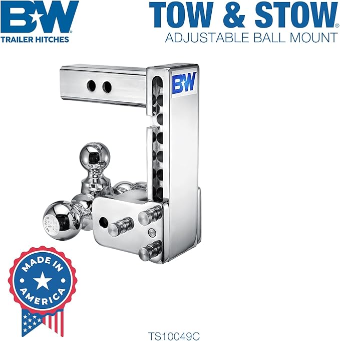 B&W Trailer Hitches Chrome Tow & Stow Adjustable Trailer Hitch Ball Mount - Fits 2" Receiver, Tri-Ball (1-7/8" x 2" x 2-5/16"), 7" Drop, 10,000 GTW - TS10049C