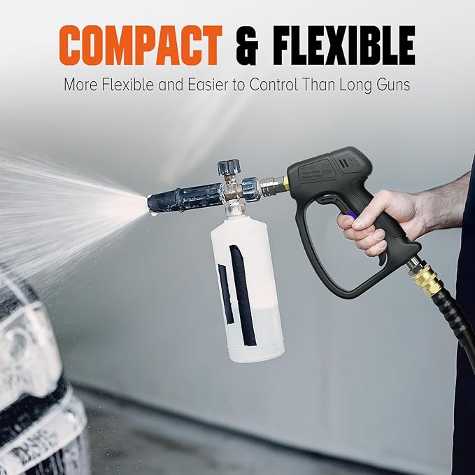 Short Pressure Washer Gun with Swivel 3/8" & M22-14mm Connect High Pressure Washer Handle with 5 Spray Nozzle, 1/4" Quick Connector Coupler Power Washer Gun Compatible with Foam Cannon