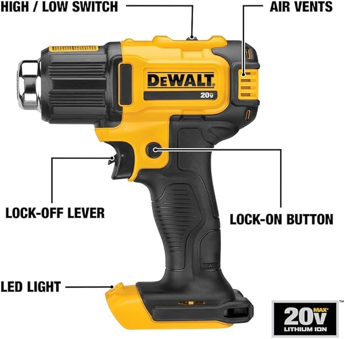 DEWALT 20V MAX Heat Gun, Cordless, Up to 990 Degrees, 42 Minutes of Run Time, LED Light, Heatgun with Flat and Hook Nozzle Attachments,Tool Only (DCE530B)