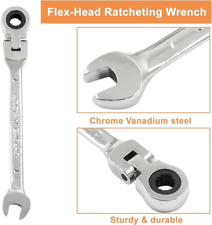 Piutouyar 7mm Flex-Head Ratcheting Wrench, Professional Metric Ratchet Wrench Combination Wrench Box Ended Spanner Tool for Projects Repair(5° Movement and 72 Teeth 12 Point, CR-V)