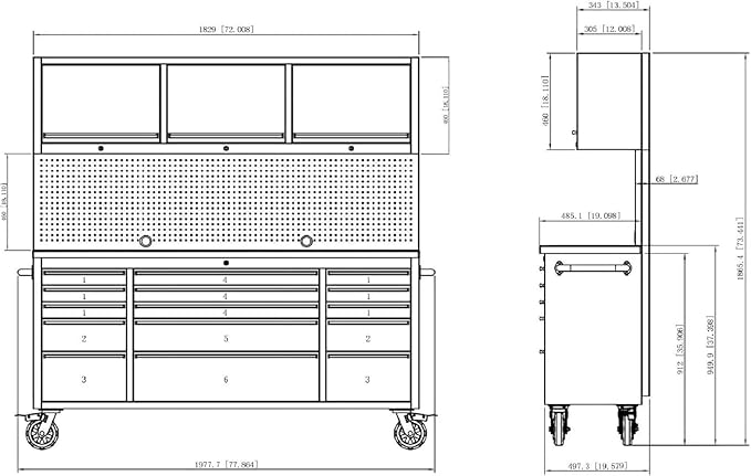 CHETTO C 72" Tool Cabinet Chest with 15 Drawers + 3 Upper Cabinets Mobile Rolling Workbench Large Tool Box Lockable Storage Cabinet with Wheels for Garage Workshop Stainless Steel 2 Pack