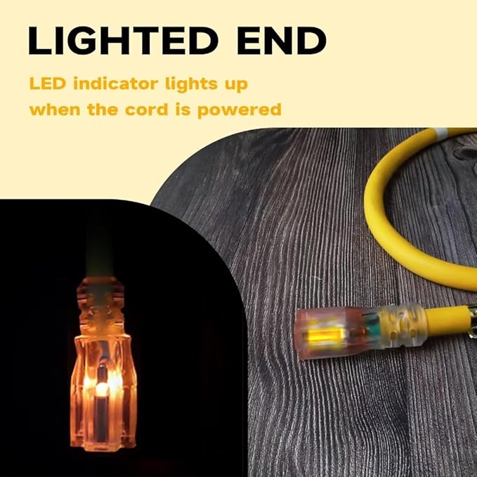 Indoor Extension Cord with Lighted End, 12 Gauge Heavy Duty 3 FT, 3 Prong Grounded 15 Amp Extension Cord, 12/3 SJTW Power Cord for Garage, Garden, Appliance, UL Listed, Yellow