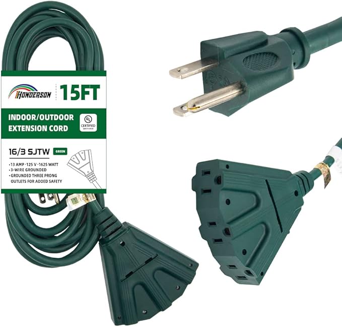 3-Outlets Indoor Outdoor Extension Cord Weatherproof, UL Certified, 16 Gauge 15FT Green 3 Prong Heavy Duty, 16/3 SJTW 13A Power Cord