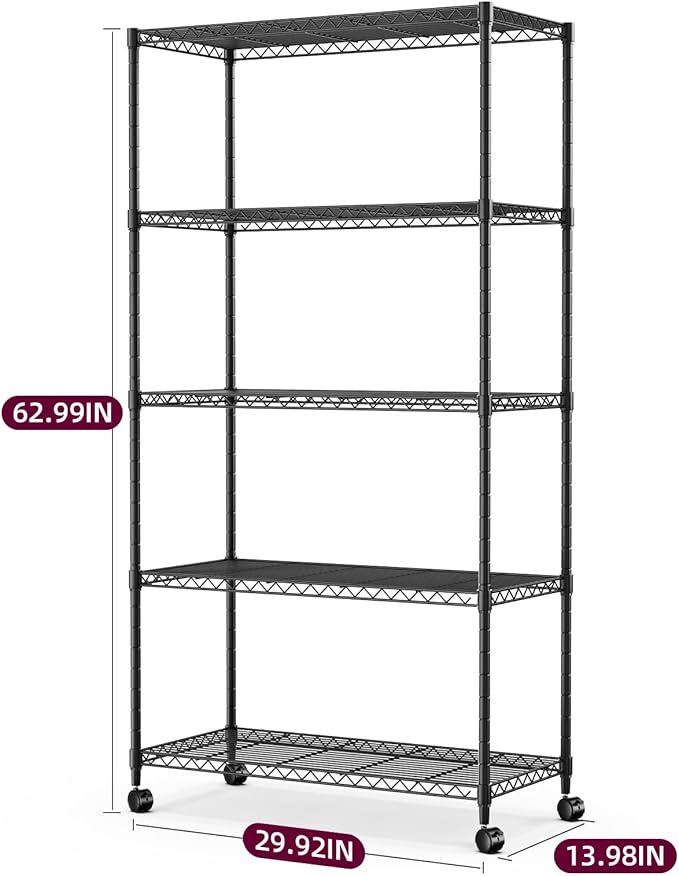 Simple Deluxe Heavy Duty 5-Shelf Storage Shelving Unit, 1250lbs Loading Capacity, 29.92" D x 13.98" W x 61.09" H, Black, 2 Pack