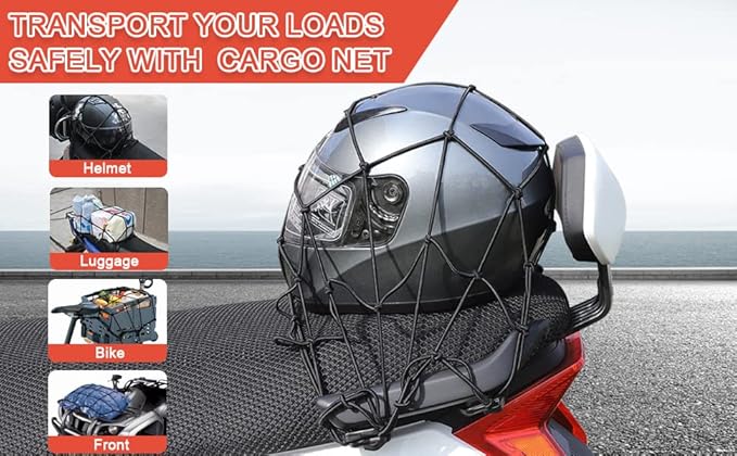 Cargo Net Motorcycle Fuel Tank Net Natural Latex Core, 15"x 15" Extends to 30"x 30" with 2"x 2" Mesh for Motorcycle Helmets, Bikes, ATVs, UTVs, Luggage (Black, 1 Pack)