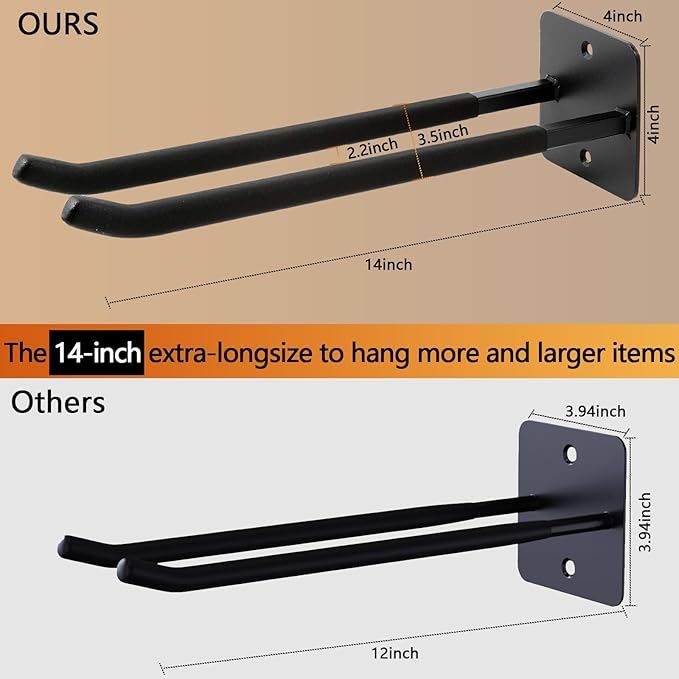 Sinoer Heavy Duty Garage Double Hooks, Utility Steel Garage Hooks,14 Inch Square Tube Double Garage Wall Mounting Hooks for Chairs, Ladders, Ropes and Strollers-(4 Pack