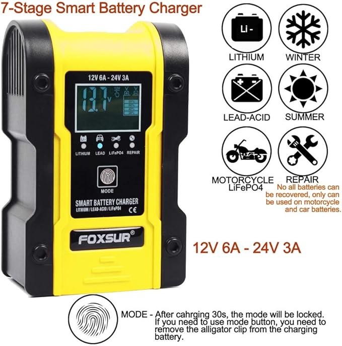 12V/6A Battery Charger Automotive 7-Stage Multifunction Smart Charger Maintainer 24V/3Afor Car, Truck, Motorcycle, Lawn Mower, Boat, ATV, Lithium/LiFePO4/Lead-Acid/Deep Cycle Battery Charger