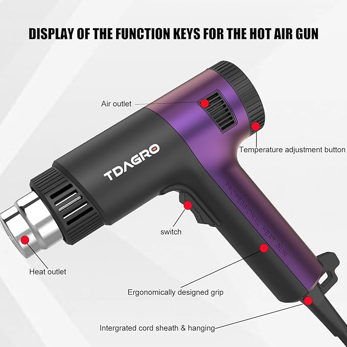 Heat Gun 1800W - Fast-Heat Hot Air Tool with Adjustable Temperature 122℉-1202℉(50℃-650℃),Two fan speeds Overload Protection 4 Nozzles for Shrink Tubing,vinyl wrap,crafting,Resin DIY.