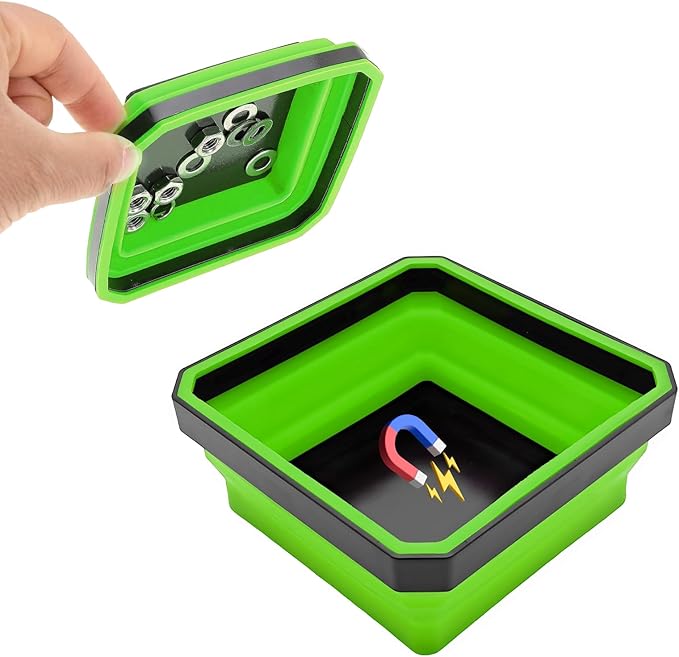 Collapsible Magnetic Parts Tray, 4.5 Inch Foldable Magnetic Square Silicone Tray, Tool Tray Set with Double-Sided Magnetic Base for Screw Bolts Nuts Pins, Car Accessories (Green)