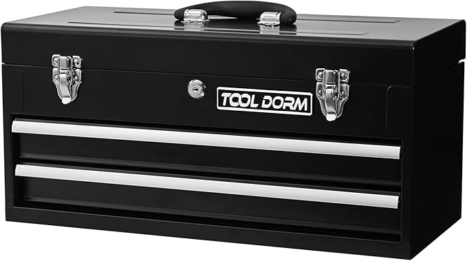 20.3“ Metal Tool Box with Drawer Portable Steel Tool Box with EAV Liner and Latch Closure and Lock for Garage, Home and Warehouse (Black-2 Drawers)