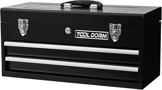 20.3“ Metal Tool Box with Drawer Portable Steel Tool Box with EAV Liner and Latch Closure and Lock for Garage, Home and Warehouse (Black-2 Drawers)