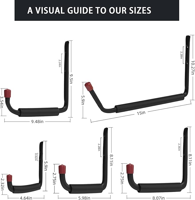 6 Pack Garage Hooks Heavy Duty with EVA Pads and Rubber End Caps, 8.07inch Steel Kayak Storage Hooks for Hanging Bikes, Ladders, Folding Chairs and Garden Tools