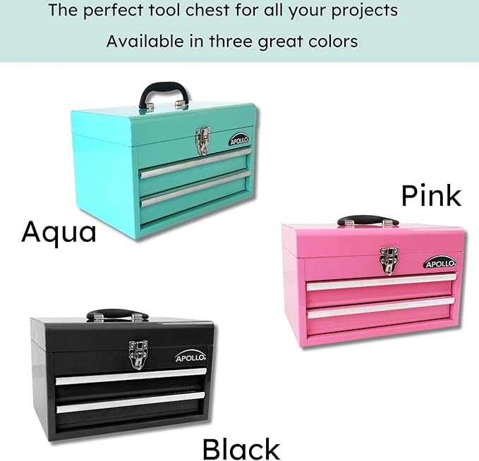 Apollo Tools 14 Inch Steel Tool Box with Deep Top Compartment and 2 Drawers in Heavy-Duty Steel With Ball Bearing Opening and Powder Coated Finish Black