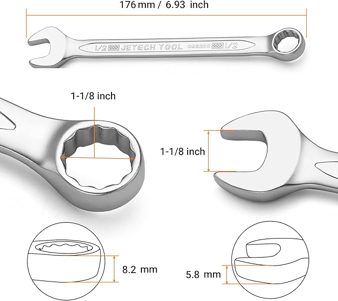 Jetech 1/2 Inch Combination Wrench, Industrial Grade Cr-V Steel Spanners with Precise 12 Point Opening, Off-Corners Design