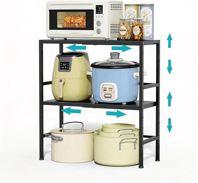 Expandable Metal Storage Shelves, 300 LBS Heavy Duty Metal Shelving Unit Rack For Pots And Pans Appliances Heavy Items, Adjustable 2 Tier Storage Shelf Rack Organizer For Kitchen Pantry Garage Laundry