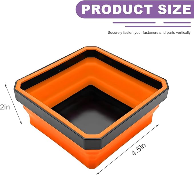 Collapsible Magnetic Parts Tray, 4.5" Square Silicone Metal Parts Organizer Double-Sided Magnet Bowl, Foldable Magnetic Tool Trays for Screws Bolts Nuts Washers Pins (Orange)
