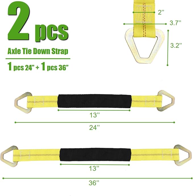 WSSROGY 2 Pack 24"x2" and 36"x2" Axle Tie Down Straps with Protective Sleeves and D Rings, Heavy Duty Car Axle Straps 6000 Lb. Capacity 9000 Breaking Strength for Car Securing