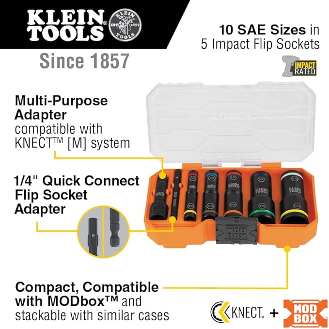 Klein Tools 65618 KNECT Flip-10 SAE Impact Socket Set, Deep Depth with 5 Color-Coded Flip Sockets, 10 SAE Sizes, 1/4 and 3/8-Inch Adapters and MODbox Case