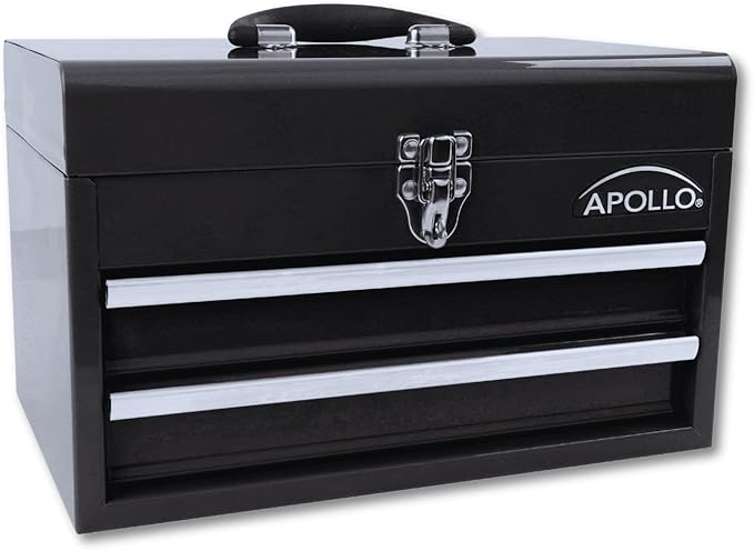 Apollo Tools 14 Inch Steel Tool Box with Deep Top Compartment and 2 Drawers in Heavy-Duty Steel With Ball Bearing Opening and Powder Coated Finish Black
