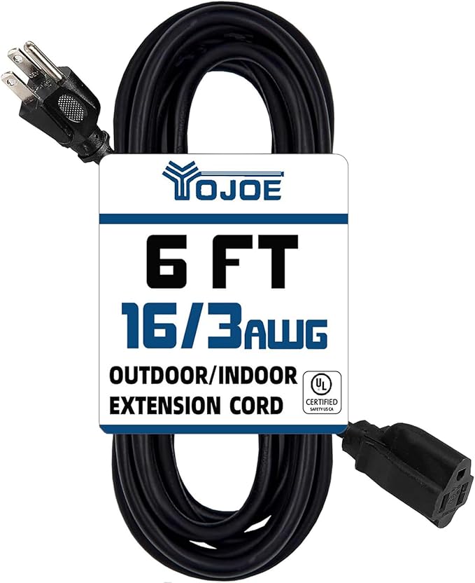 YOJOE Indoor Outdoor Extension Cord, 3 Prong 13A Weatherproof Power Cord, 16 Gauge Heavy Duty 6 ft Black Extension Cord for Garage, Garden and Home, 16/3 SJTW UL Listed