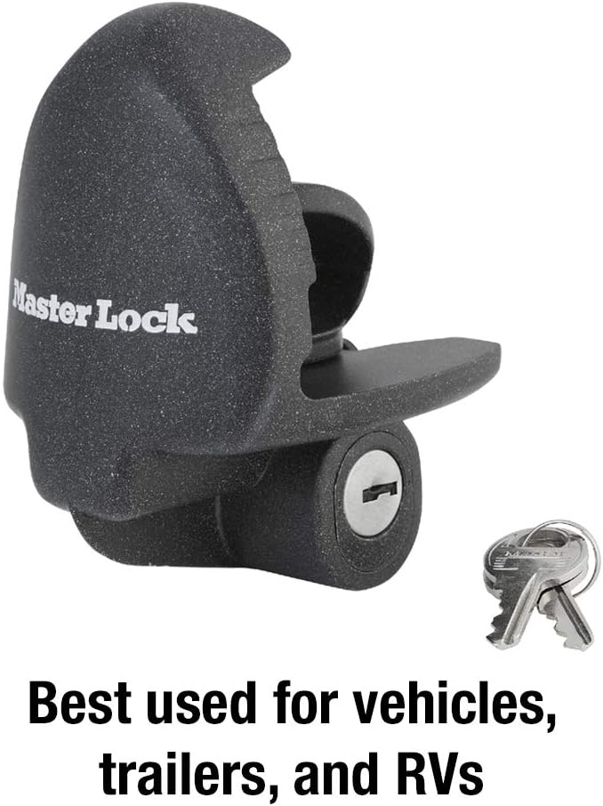 Master Lock Black Universal Size Trailer Hitch Lock, Trailer Coupler Lock for Securing RV’s, Horse Trailers, Tool Trailers and More, 379ATPY