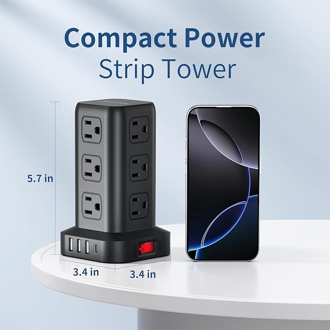 AnnTane Surge Protector Power Strip 6.5 FT Cord, Power Strip Tower with 4 USB Ports (1USB C), Extension Cord with 12 AC Multiple Outlets, Home Office Supplies Desk Accessories, Dorm Room Essentials