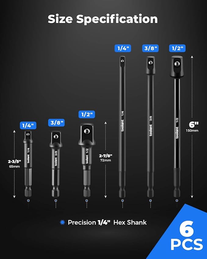 toolant Impact Grade Socket Adapter Set, 6 pcs, 1/4", 3/8", 1/2" Drive, with 2-3/5", 2-7/8", 6" Extension Bars, Hex Shank Drill Bit Adapter for Power Drill & Impact Driver