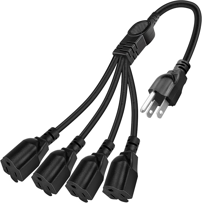 3 Prong Outlet Splitter Extension Cord,1-to-4 Indoor Outdoor Extension Cord,20 inch Y-Type Power Splitter,SJT 16AWG,UL Approved for Home Office Appliance,LED Stage Lights and Electronics(Black)