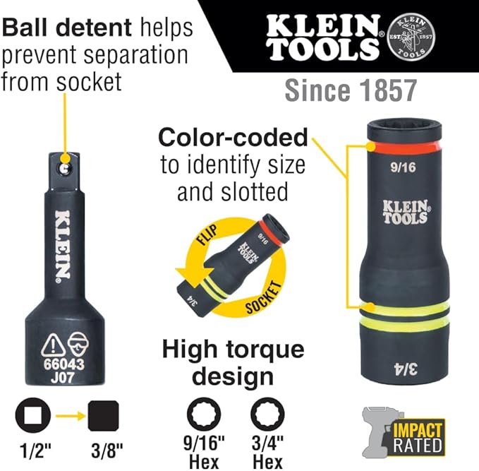 Klein Tools 660KIT3 5-in-1 Mini Impact Socket and 3-in-1 Flip Impact Socket Set, for Linemen and Utility Work, 4-Piece
