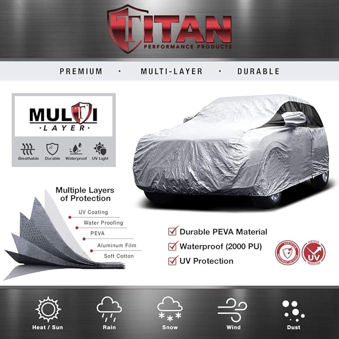 Titan Premium Multi-Layer PEVA Car Cover for Compact SUV 170-187". Waterproof, UV Protection, Anti-Scratch Protective Lining, Driver-Side Zippered Opening. Fits Rav4, Rogue, CR-V and More.
