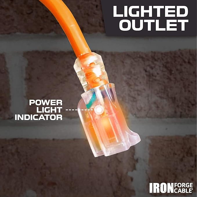 Iron Forge Cable Lighted Outdoor Extension Cord 50 Ft - 10 Gauge Heavy Duty Extension Cord, 15 AMP, 10/3 Orange Power Cable SJTW Weatherproof 3 Prong