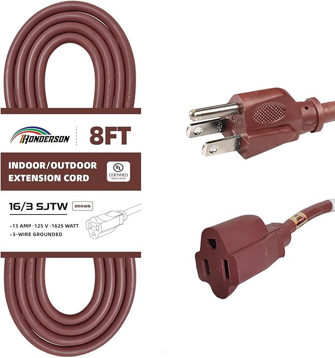 8FT Brown Outdoor Extension Cord-16/3 SJTW Durable Extension Cord for Christmas Lights with 3 Prong Grounded Plug, Great for Outside Christmas Decorations