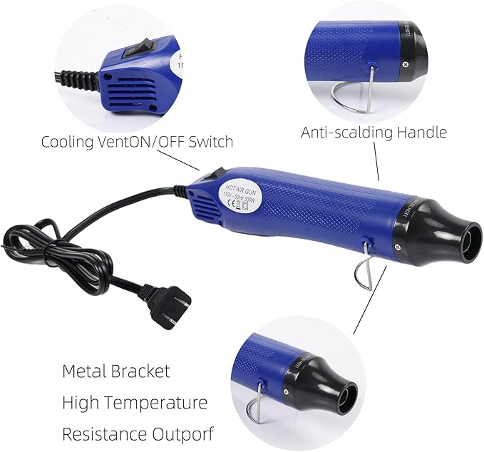 Heat Gun for Crafting, 110V 300W Handed Hot Air Gun, 3.28FT Ultra-Long Cable Portable Heat Gun with Stand and Power Cord for Shrinking Wrapping PVC, DIY Embossing and Drying Paint (Blue)