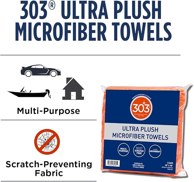 303 Products Premium Microfiber Towels - Automotive Detailing - Ultra Plush - Super Absorbent - Edgeless Design - Scratch Free - Multi-Purpose, 30901 (3 Count)