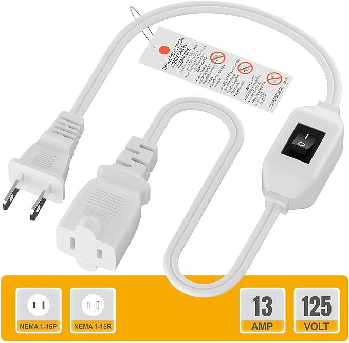 On Off Switch Extension Cord [2-Feet], 2-Prong/2 Outlet Polarized Extension Cord with Switch 12A/125V for Your Chargers/Lamp/Power Adapters etc, 16AWG Cord