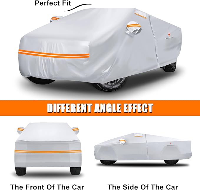 Waterproof Car Cover Replace for Tesla Cybertruck, 6 Layers Silver All Weather Full Car Covers with Zipper Door & Windproof Bands for Snow Rain Dust Protection