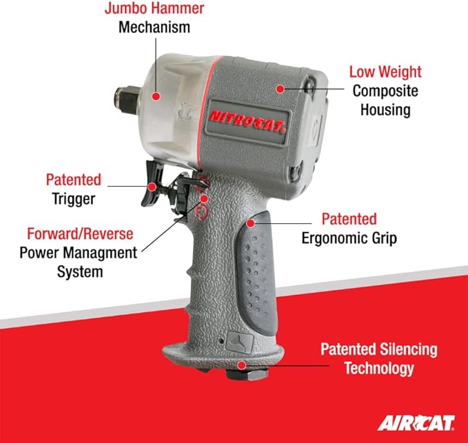 AIRCAT Pneumatic Tools 1056-XL 1/2-Inch NITROCAT Composite Compact Impact Wrench : Low Weight Power Impact Wrench : Tool for Automotive Improvement & Maintenance