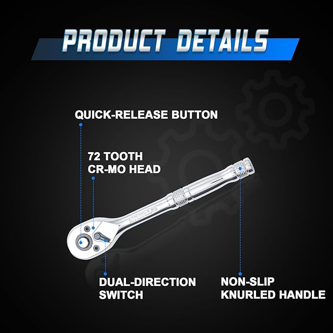 1/4 Inch Drive Ratchet Wrench,Standard Socket Wrench,72-Tooth Quick Release,Reversible Ratcheting Feature with Metal Handle
