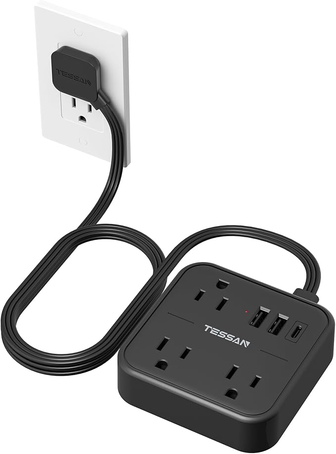 TESSAN Ultra Thin Flat Extension Cord 5 FT, Slim Power Strip with USB Ports (1 USB C), Surge Protector Flat Plug Wall Charger with 3 Outlets for Office, School, Dorm Room Essentials, Black