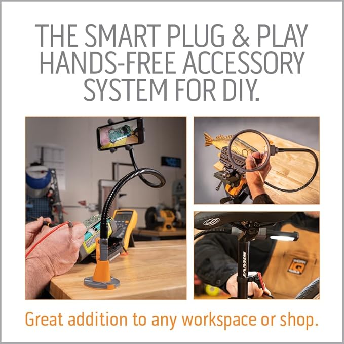 Work IQ Tools IQ Connect | Hands-Free Accessory System with 3 Bench Mounts | Includes Magnifying Glass, Rechargeable Work Light & Cell Phone Holder | Work Bench Accessories Compatible with IQ Vise