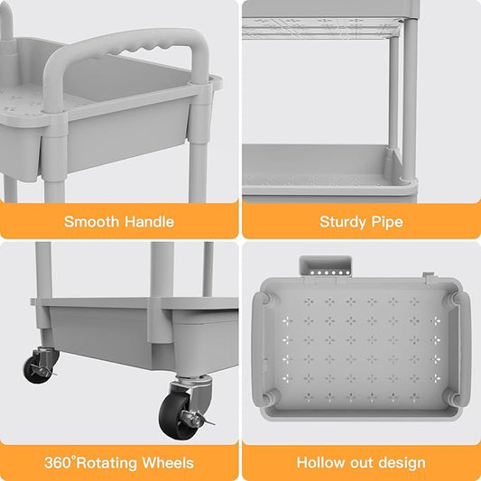 3 Tier Rolling Utility Cart with Handle,REBECAT Utility Cart Made of Multifunctional Storage Organizer Tool for Kitchen,Bathroom,Living Room,Office(Gray)