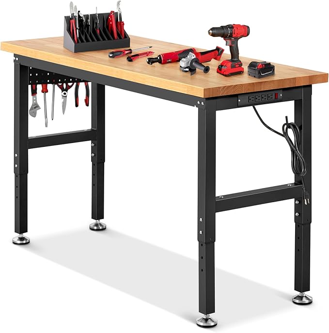 ENJOYWOOD 60" x 22" Garage Workbench Adjustable Height Work Table with Pegboard Heavy Duty Rubberwood Top Work Bench for Workshop, Office & Home