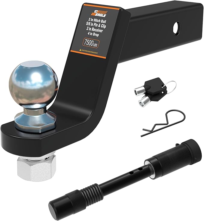 DEEAGLE 2 in Ball Hitch, Heavy Duty Steel Receiver Hitch with 3.5” Hitch Pin Lock, Fits 2 in Receiver, 7500lbs, 4 in Drop, 3 in Rise