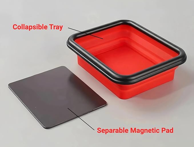 Collapsible Magnetic Parts Tray Set of 3 Different Size, Foldable Silicone Tool Trays for Screws, Bolts, Nuts and Other Small Metal Parts (Red)